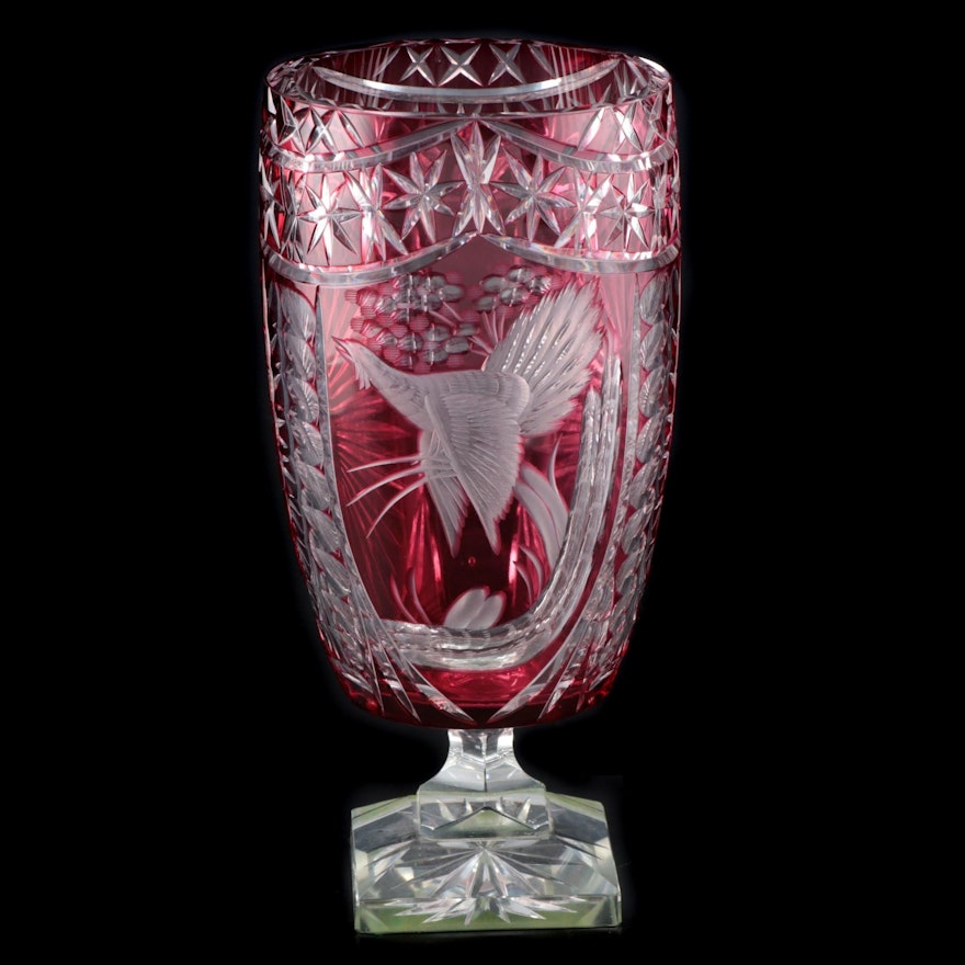 Cranberry Cut to Clear Crystal Vase with Bird in Flight