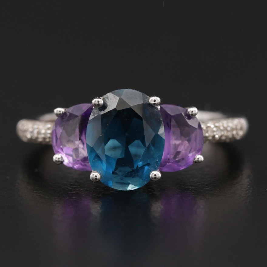 Sterling Silver Topaz, Amethyst and Diamond Ring