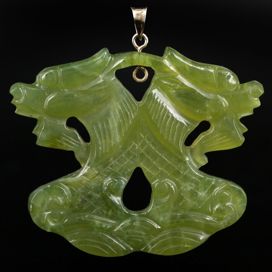 Carved Nephrite Dragon Pendant with Sterling Bail