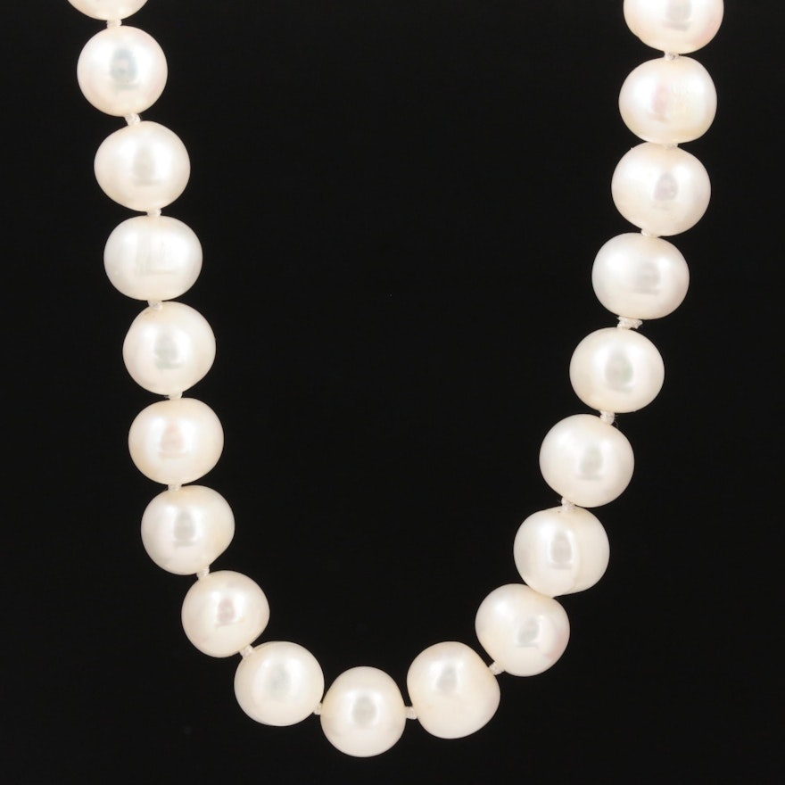 Hand Knotted Cultured Pearl and Diamond Necklace with 14K Gold Clasp