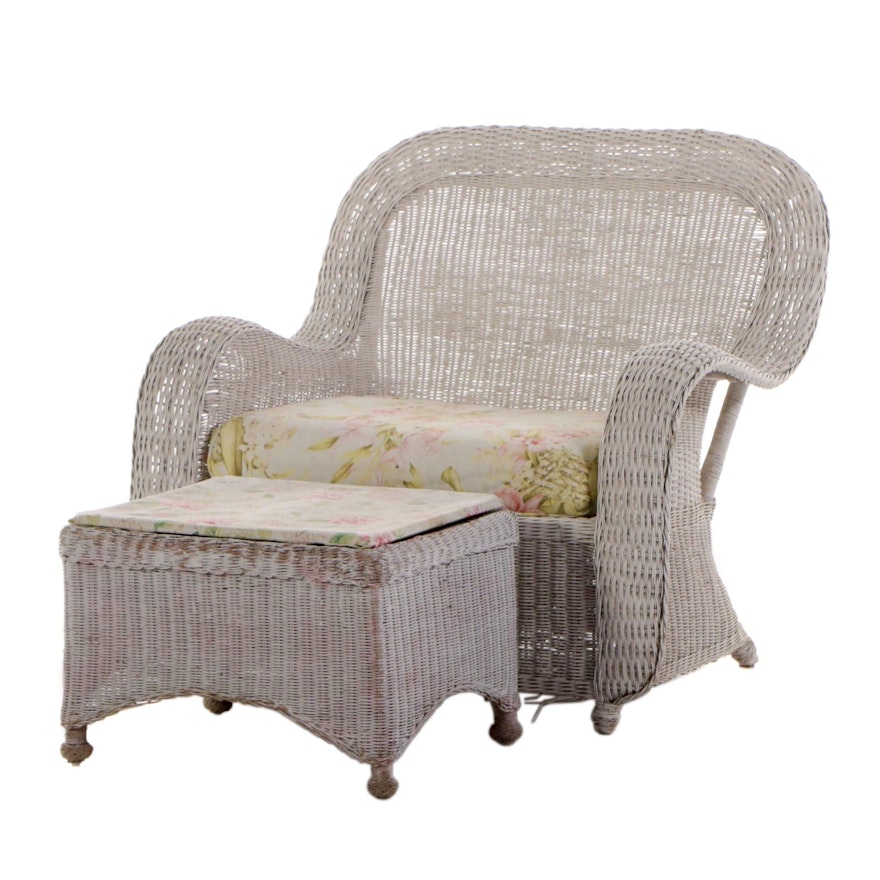 Contemporary Painted Wicker Arm Chair and Ottoman