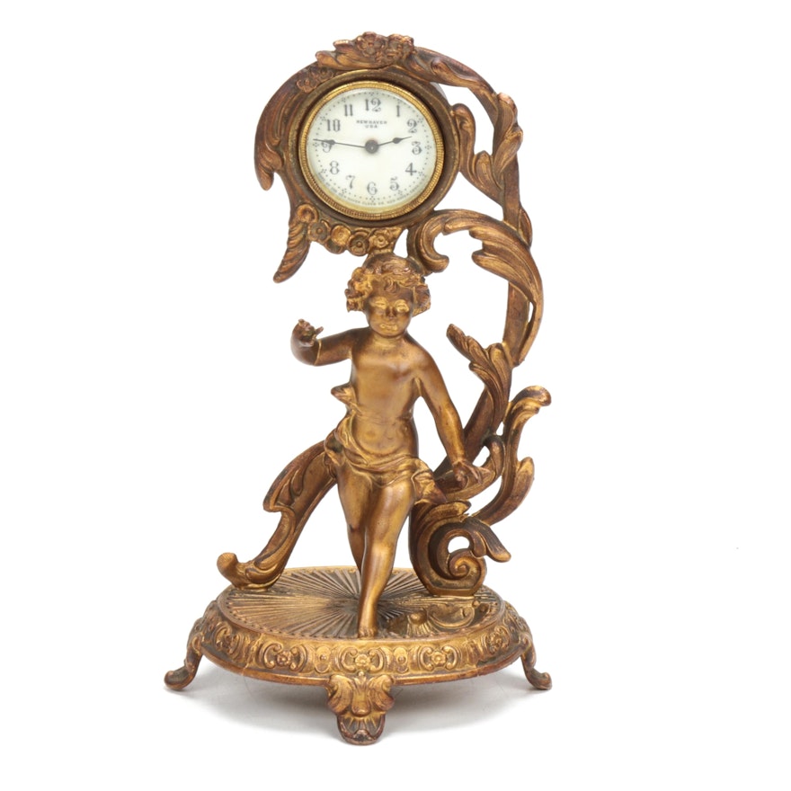 New Haven Clock Co. Art Nouveau Cast Metal Mantel Clock