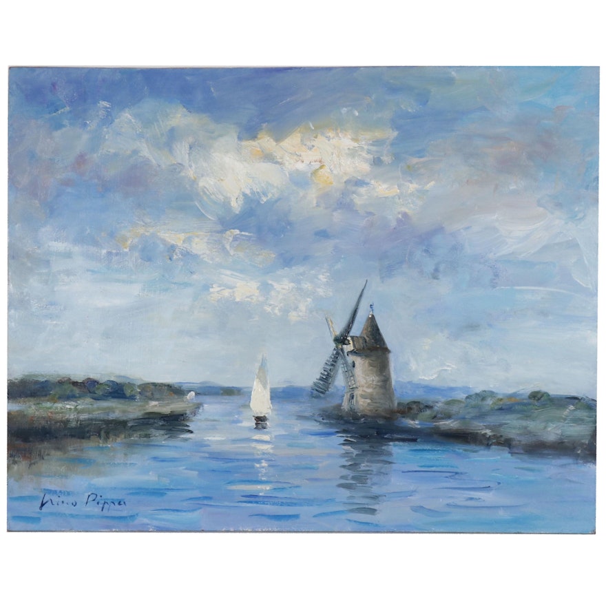 Nino Pippa Oil Painting "Provence - Windmill on the Rhone"