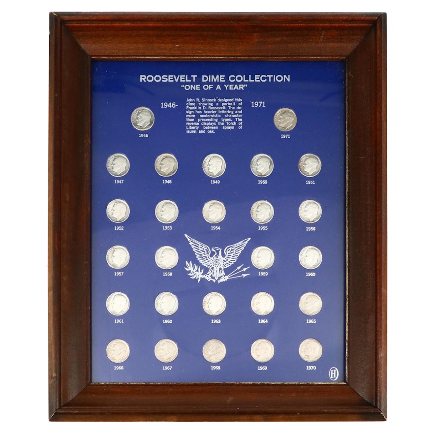 Framed Roosevelt Dime Collection, 1946 to 1971