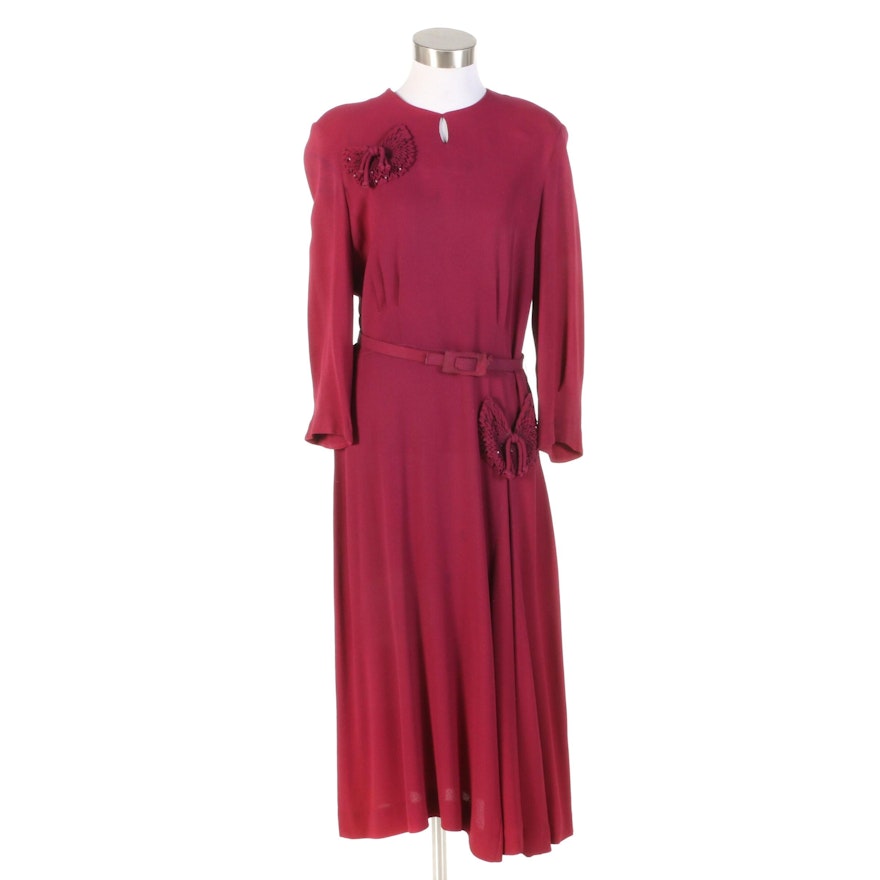 Pleated Rayon Crepe Dinner Dress with Embellished Pockets, 1940s Vintage