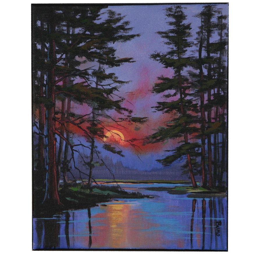 Douglas “Bumo” Johnpeer Oil Painting "Creekside Pines"