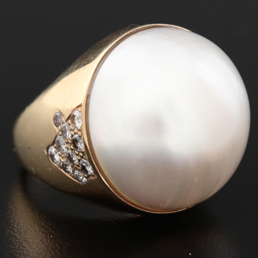 14K Yellow Gol Pearl and Diamond Ring