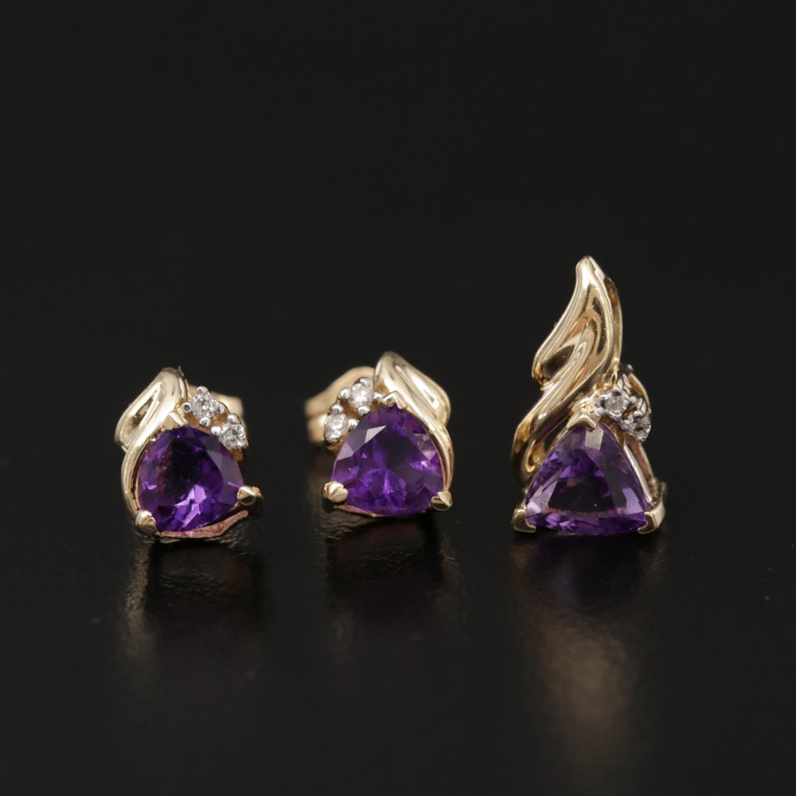 14K Yellow Gold Amethyst and Diamond Pendant and Earring Set