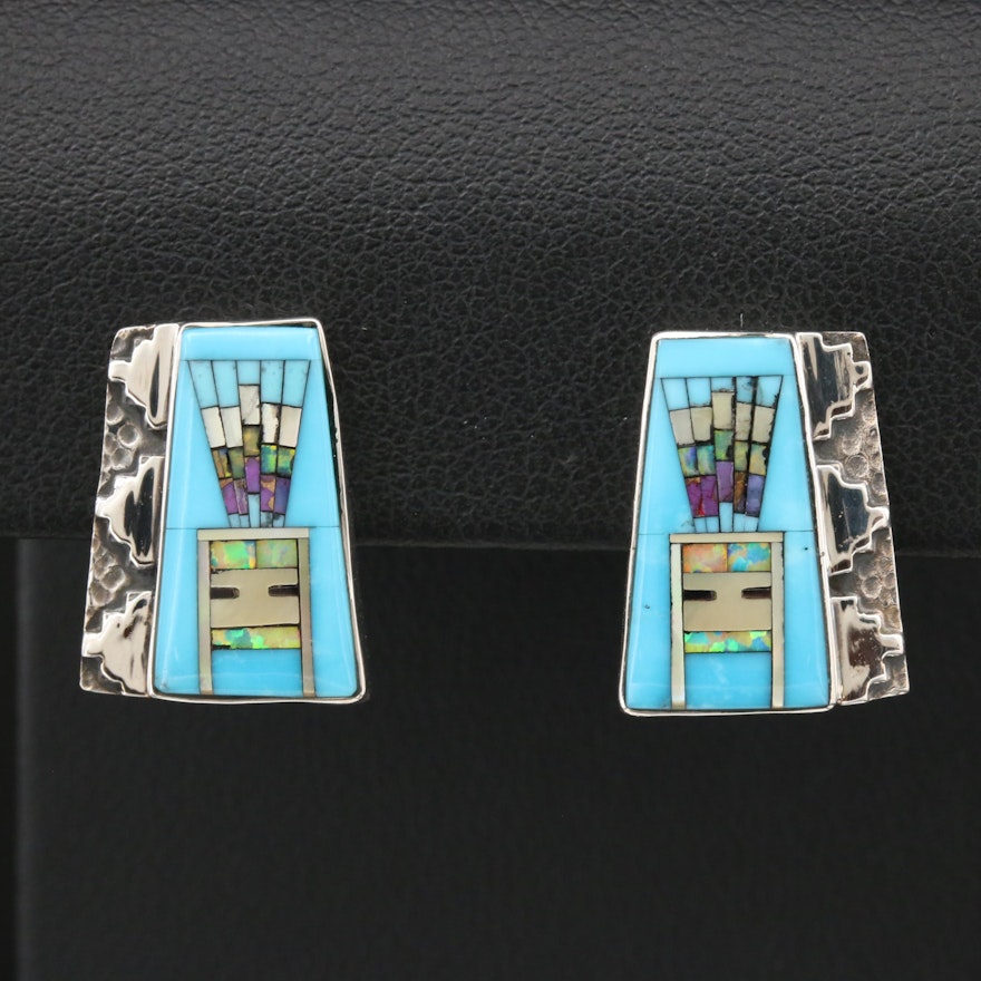 Sterling Silver Turquoise, Mother of Pearl and Synthetic Opal Earrings