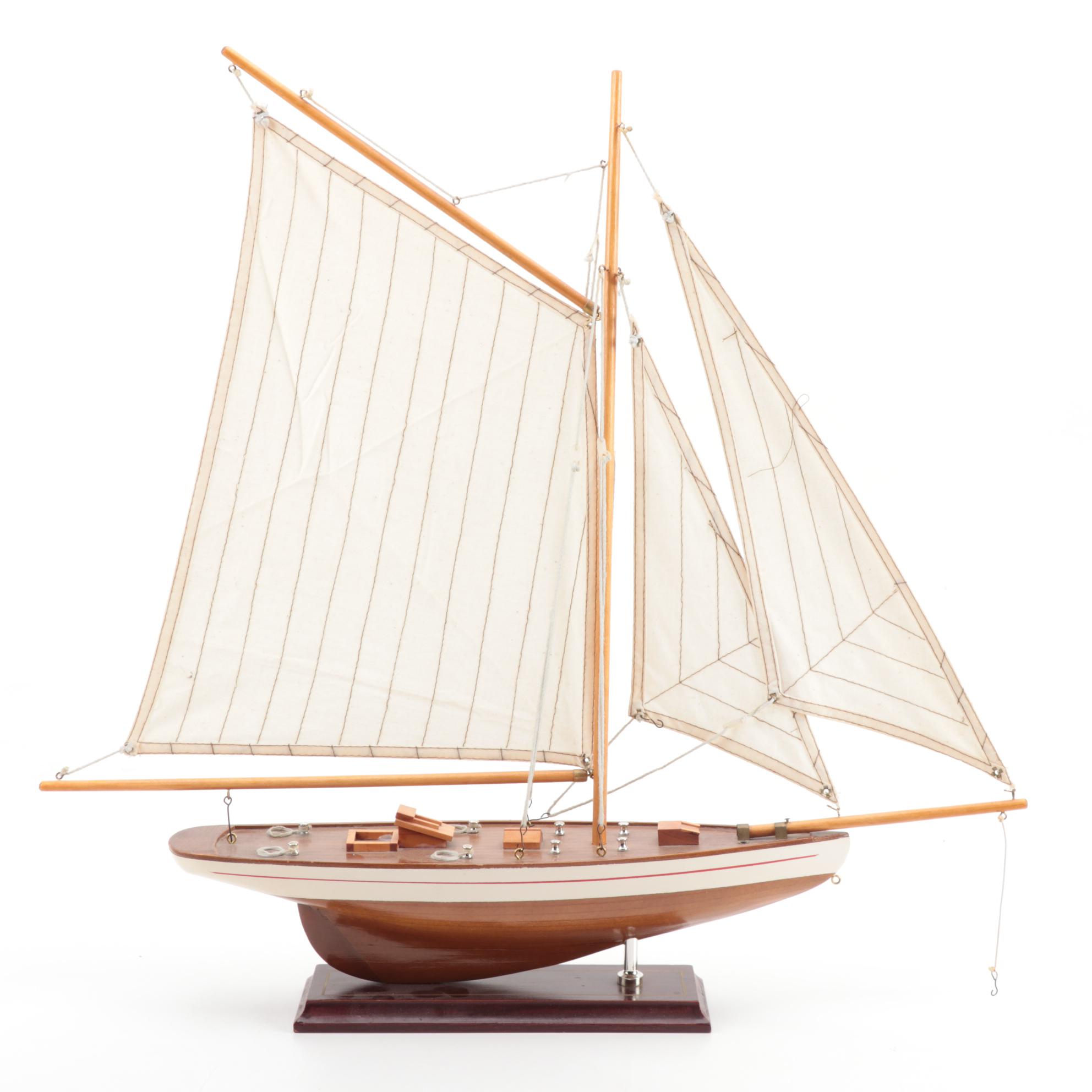 Handcrafted Three-Mast Schooner Wood Models with Bases, Mid-20th Century