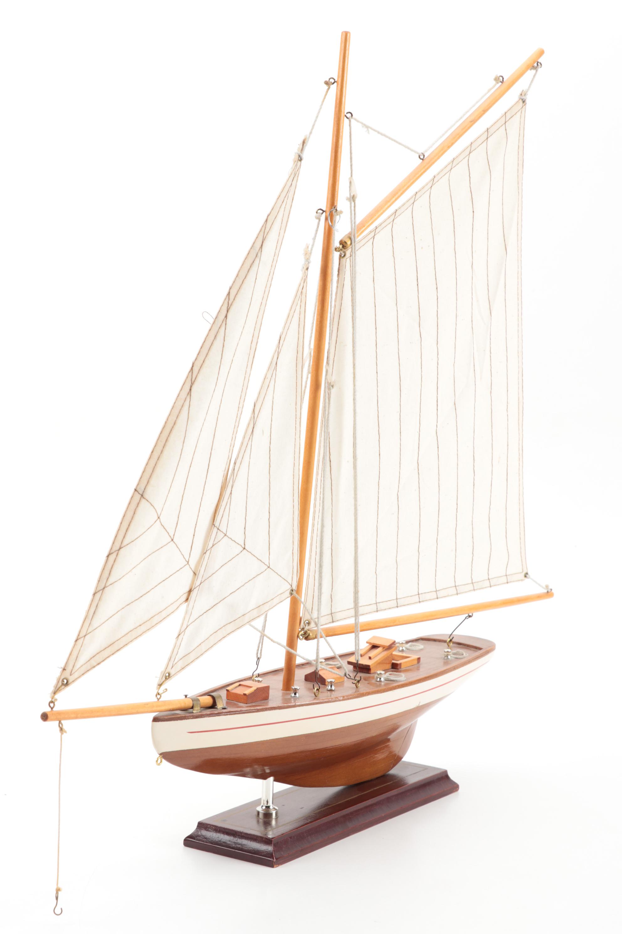 Handcrafted Three-Mast Schooner Wood Models with Bases, Mid-20th Century