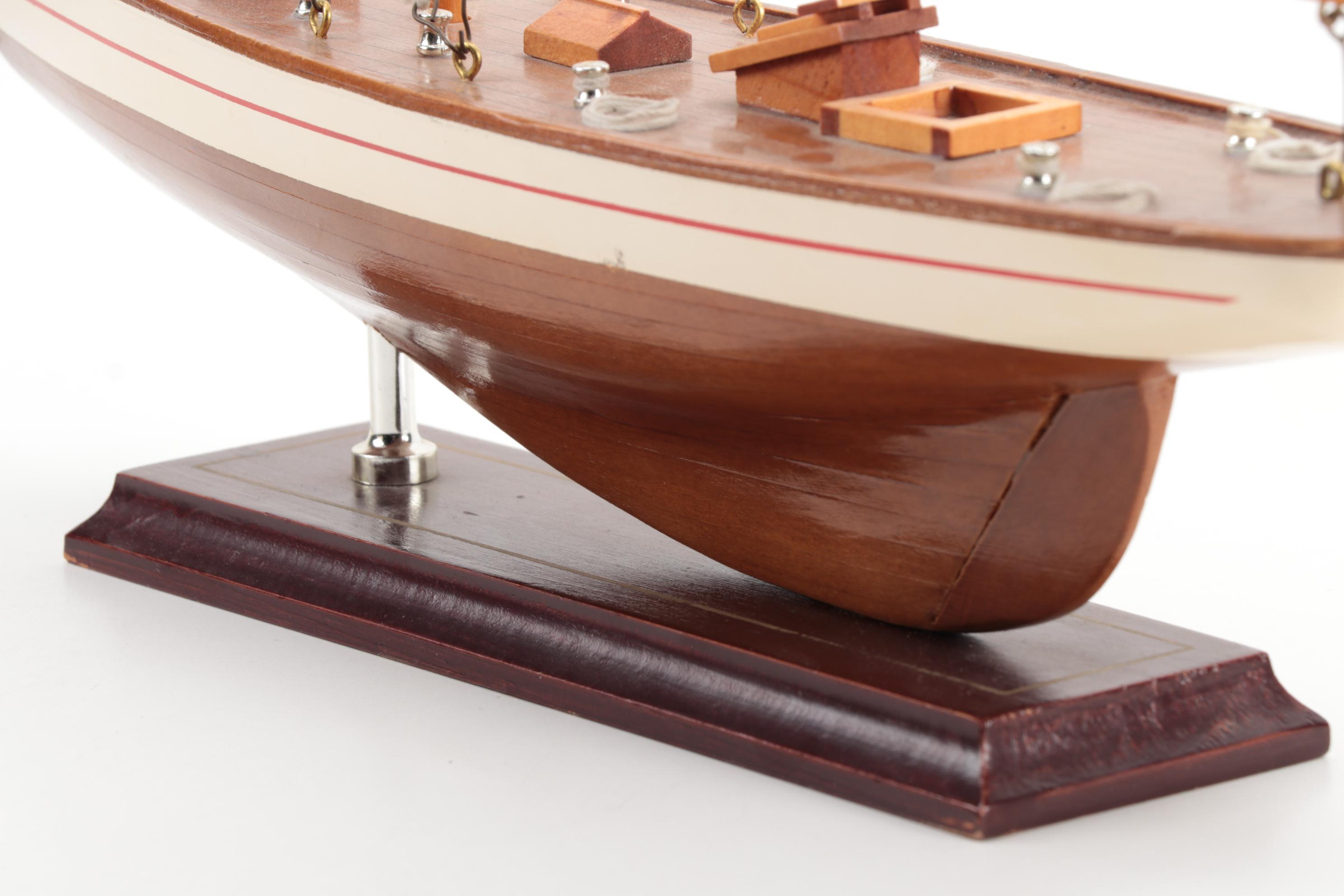 Handcrafted Three-Mast Schooner Wood Models with Bases, Mid-20th Century