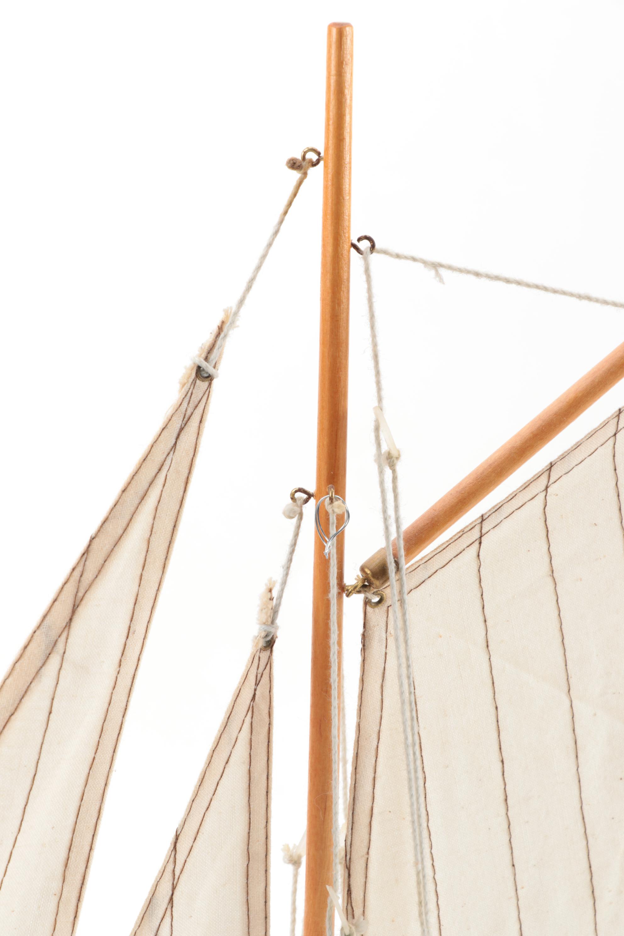 Handcrafted Three-Mast Schooner Wood Models with Bases, Mid-20th Century