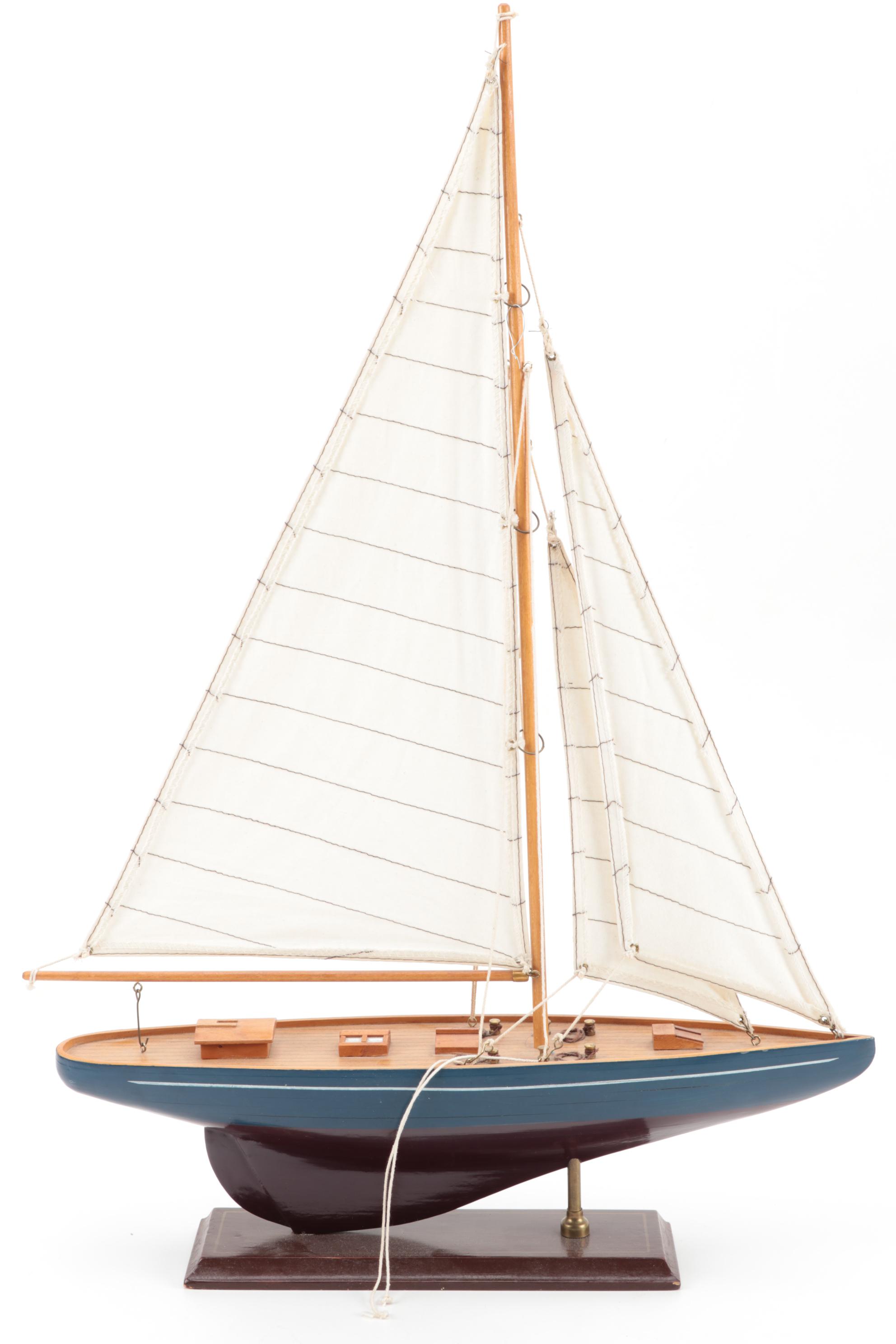 Handcrafted Three-Mast Schooner Wood Models with Bases, Mid-20th Century