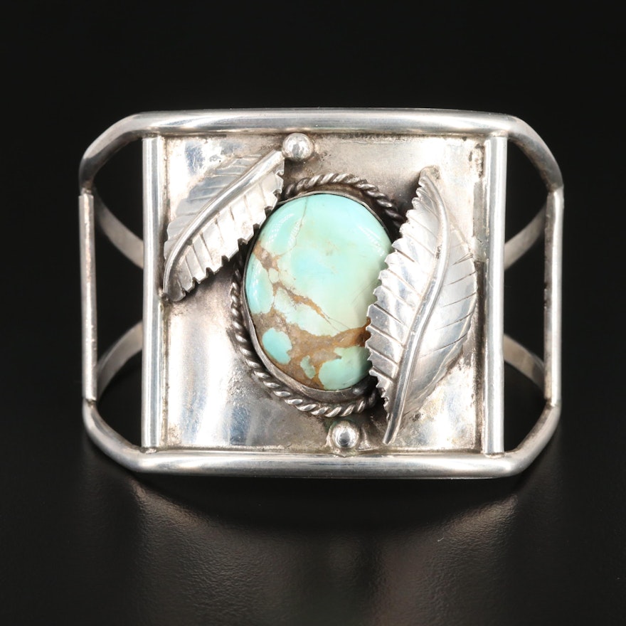Vintage Southwestern Style Sterling Silver Turquoise Signed Cuff Bracelet