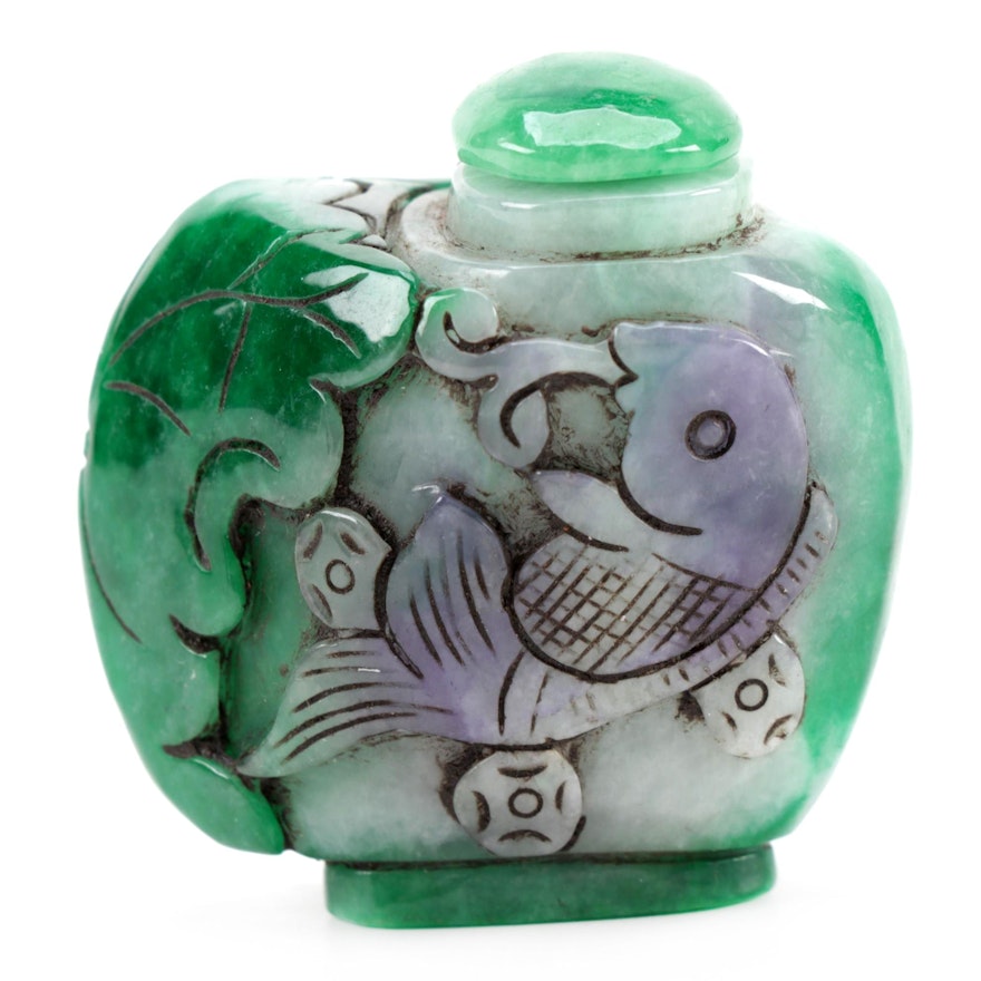 Chinese Carved Dyed Jadeite Snuff Bottle with Fish