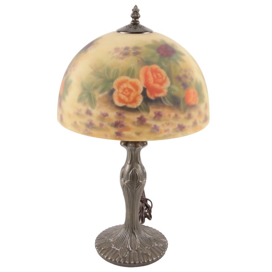 Art Nouveau Style Metal Table Lamp with Reverse Painted Frosted Glass Shade