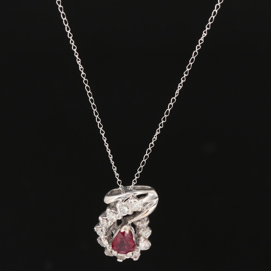 14K Gold Ruby and Diamond Pendant on Curb Chain Necklace