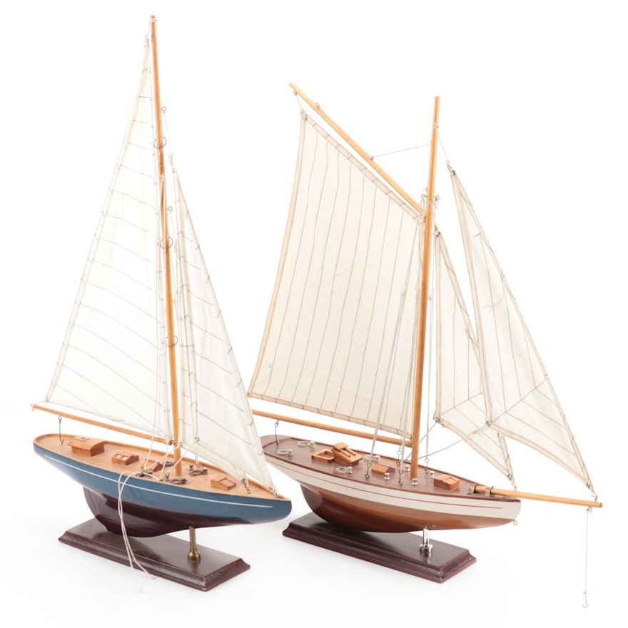 Handcrafted Three-Mast Schooner Wood Models with Bases, Mid-20th Century