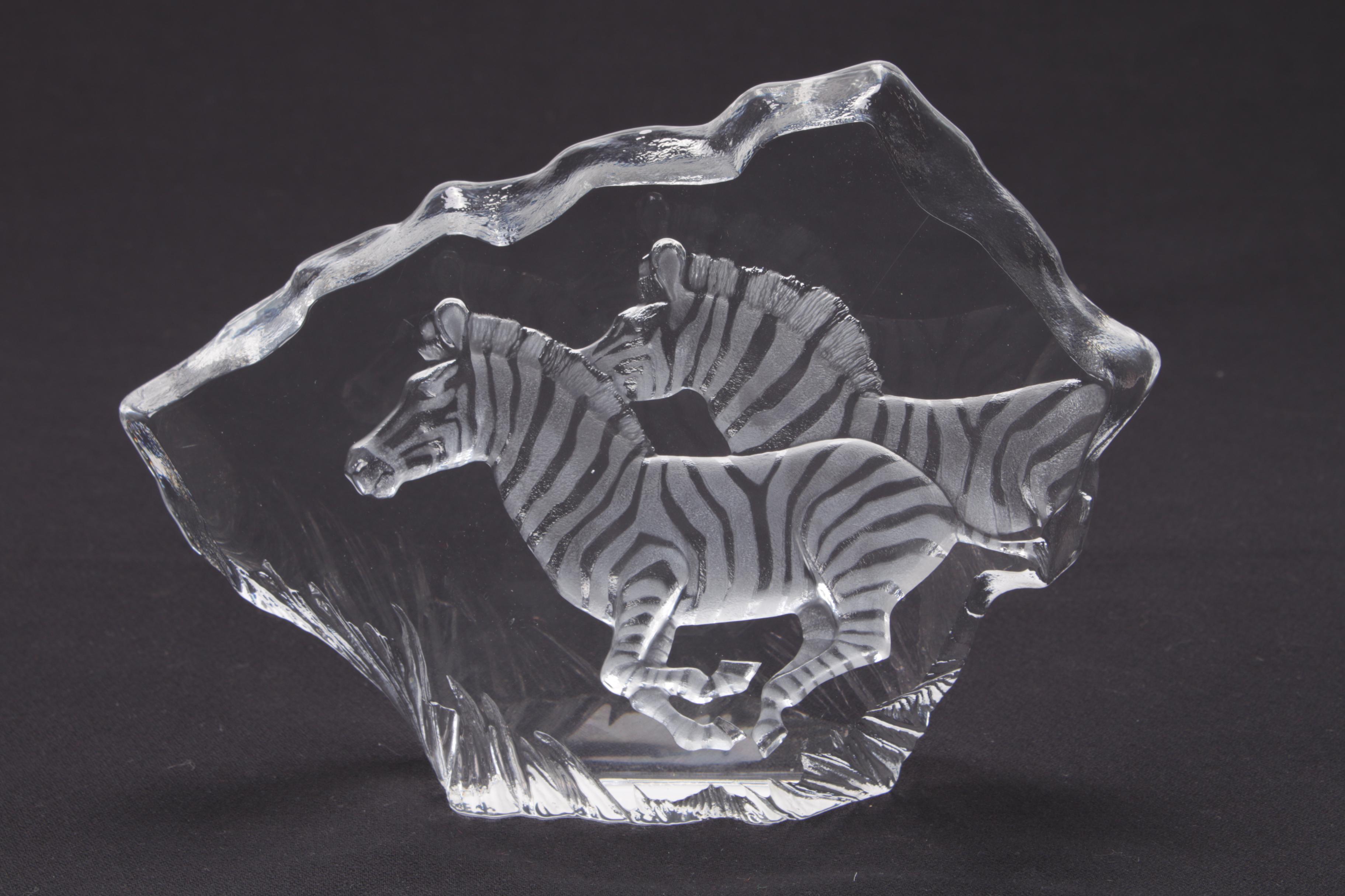 Mats Jonasson of Sweden Crystal Sculpture of Zebras, 1990s