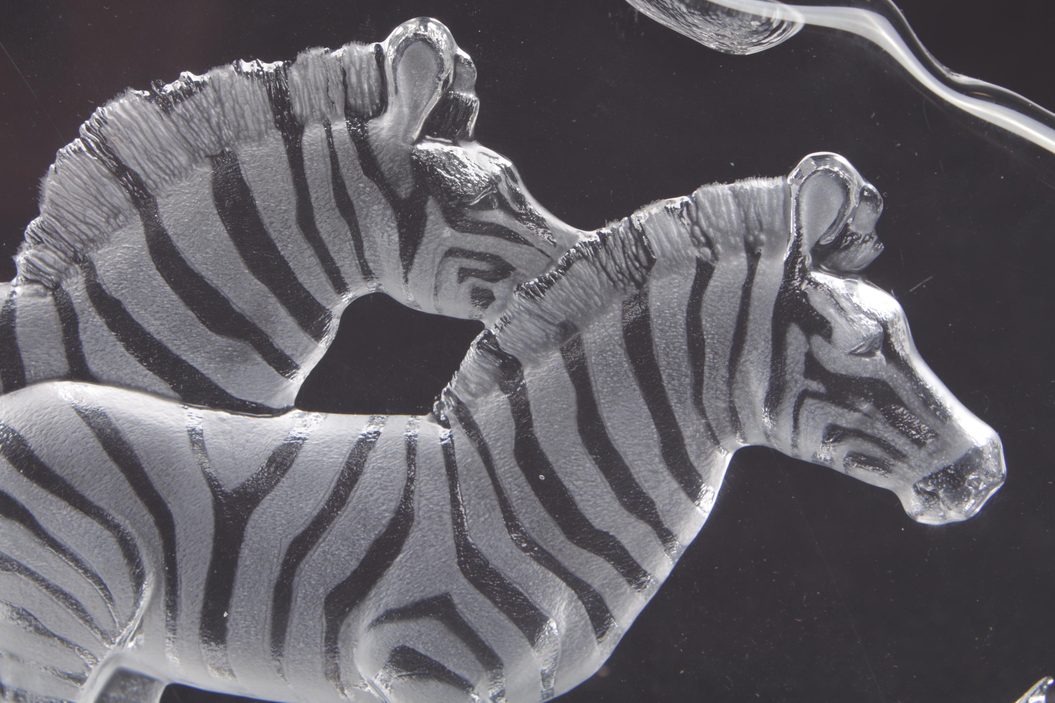 Mats Jonasson of Sweden Crystal Sculpture of Zebras, 1990s