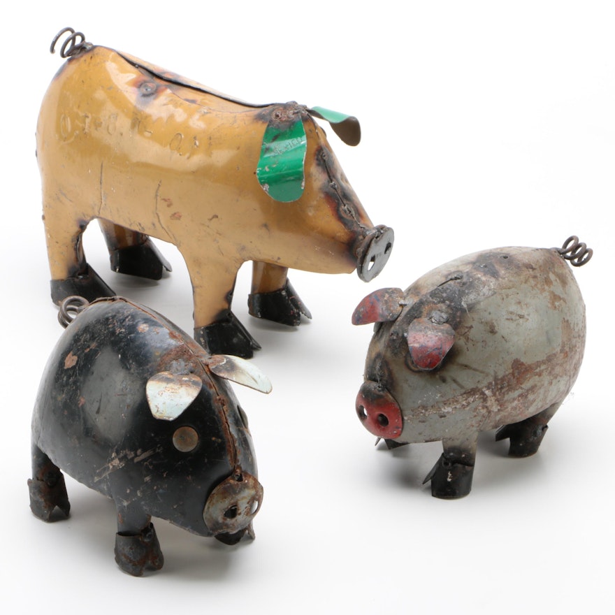 Mexican Folk Art Scrap Metal Pig and Piglets Sculptures
