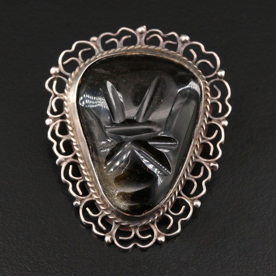 Mexican Sterling Silver Sheen Obsidian Converter Brooch