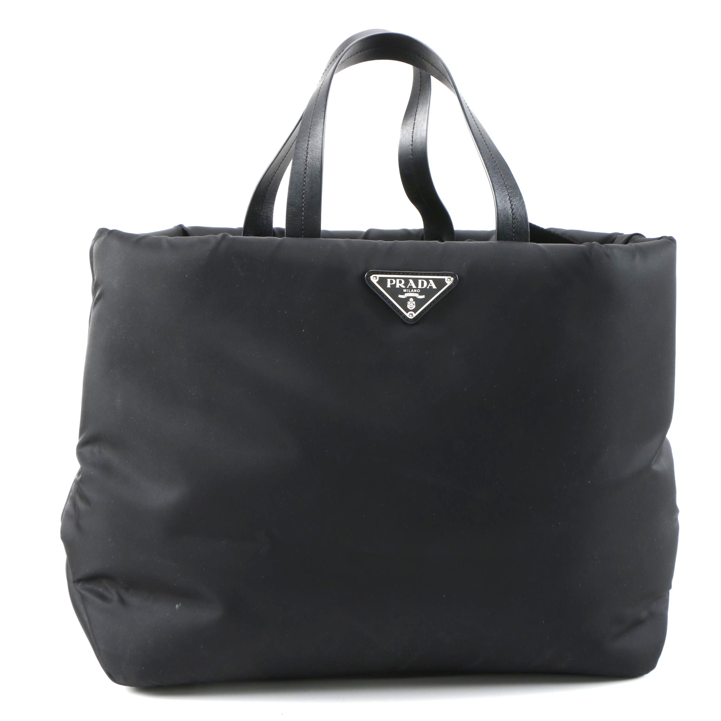 Prada Black Tessuto Nylon Travel Tote with Leather Handles and Nylon Strap