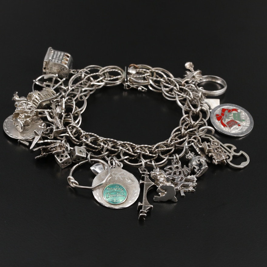 Sterling Charm Bracelet Including Slot Machine, Palm Tree and Guitar Charms