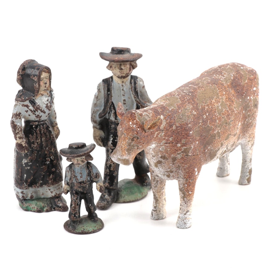 Polychrome Cast Iron and Clay Farming Figurines