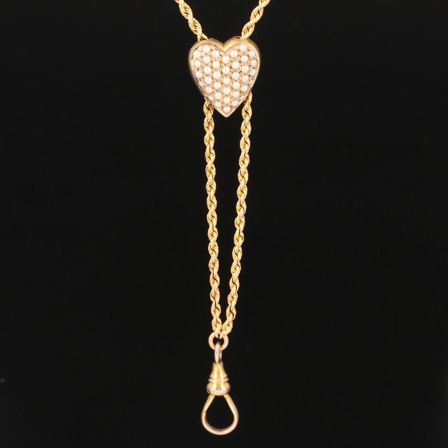 14K Yellow Gold Seed Pearl Heart Slide Pendant on Rope Chain Necklace