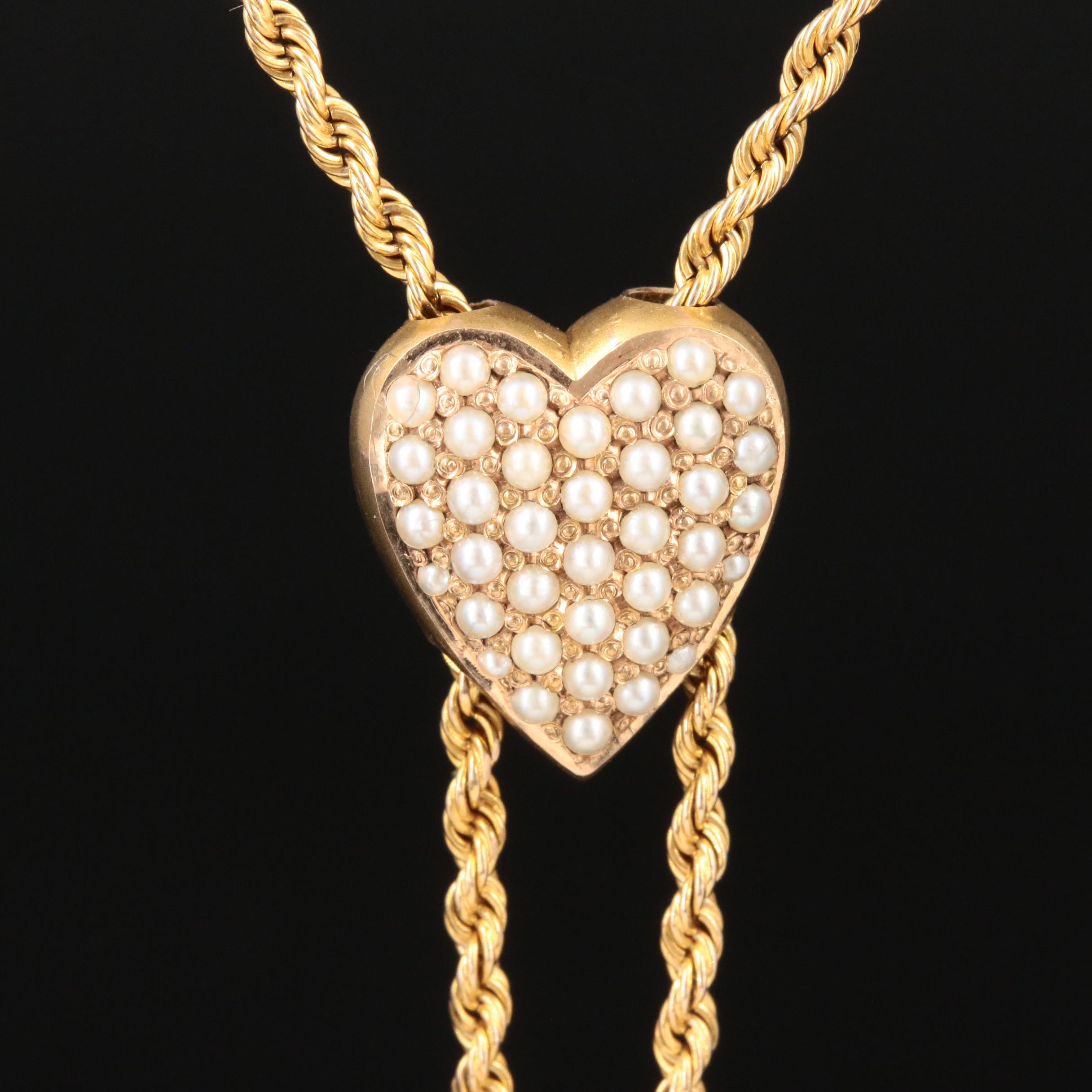14K Yellow Gold Seed Pearl Heart Slide Pendant on Rope Chain Necklace