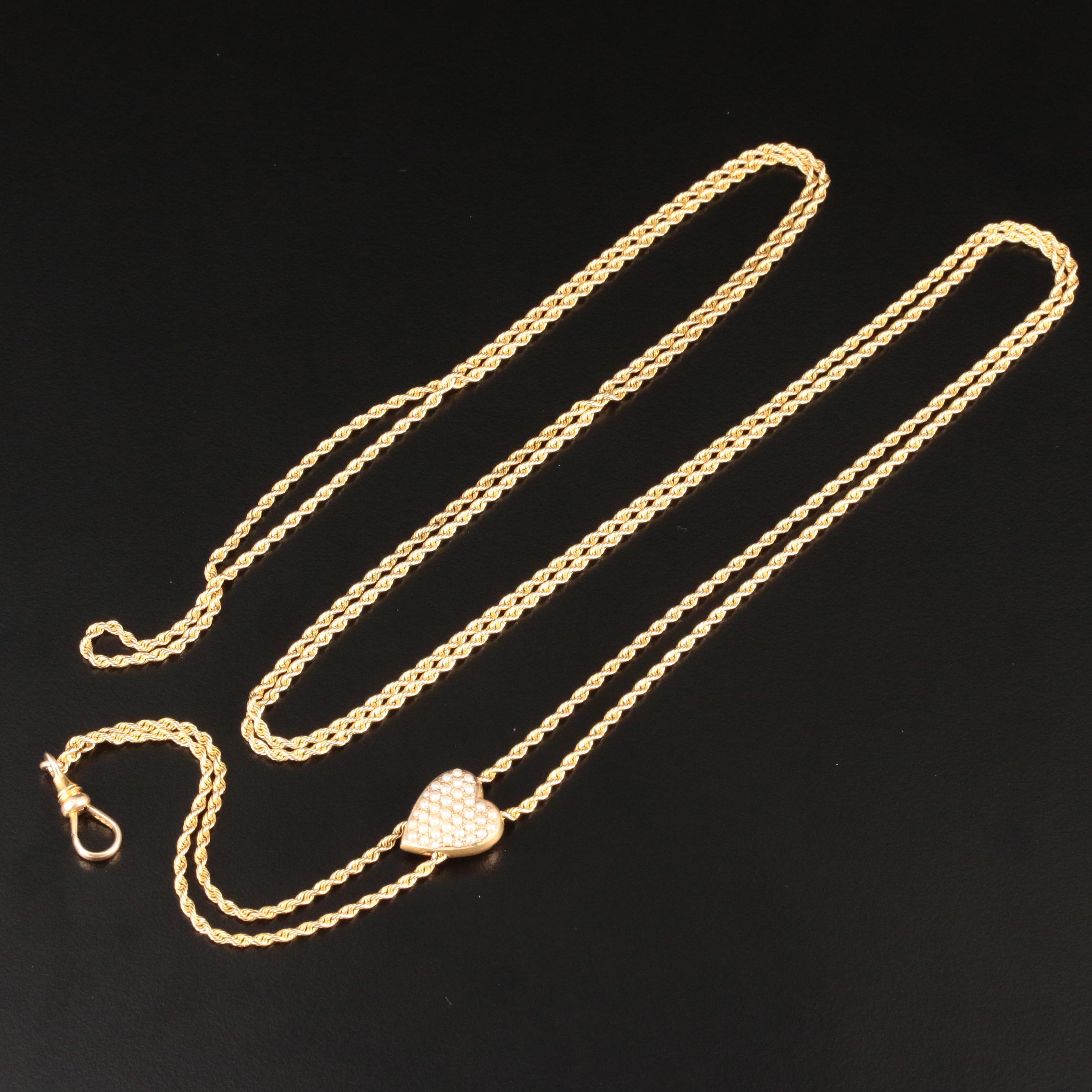 14K Yellow Gold Seed Pearl Heart Slide Pendant on Rope Chain Necklace