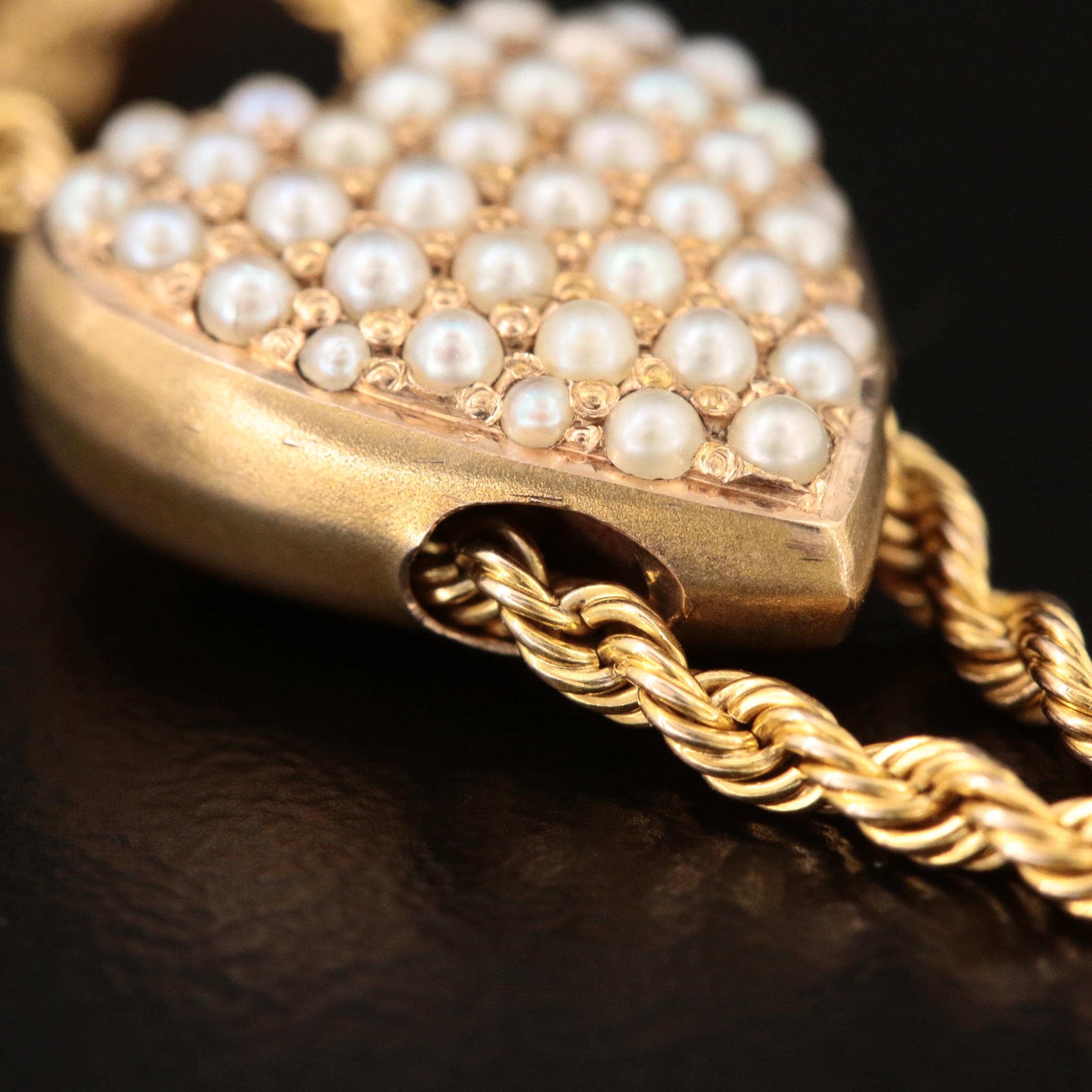 14K Yellow Gold Seed Pearl Heart Slide Pendant on Rope Chain Necklace