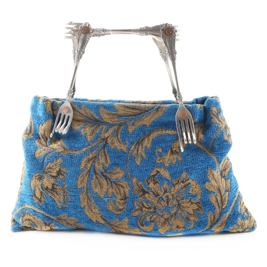 Handmade Blue Floral Tapestry Handbag with Repurposed Flatware Handle
