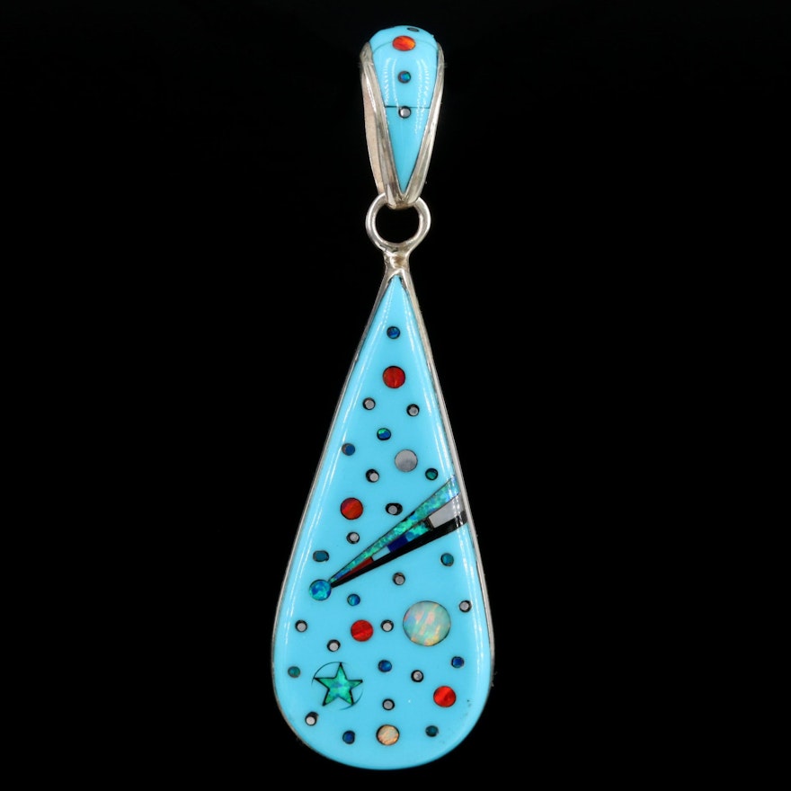 Sterling Silver Synthetic Opal and Mother of Pearl Galaxy Inlay Pendant