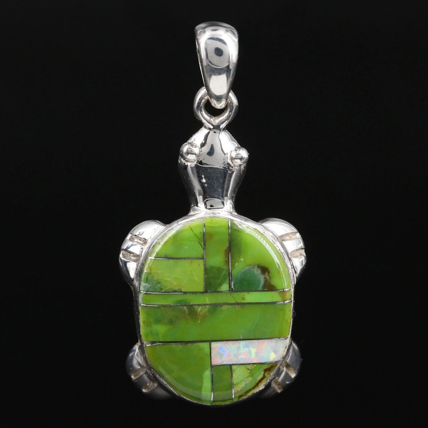 Southwestern Style Sterling Silver Turtle Pendant Featuring Synthetic Opal Inlay