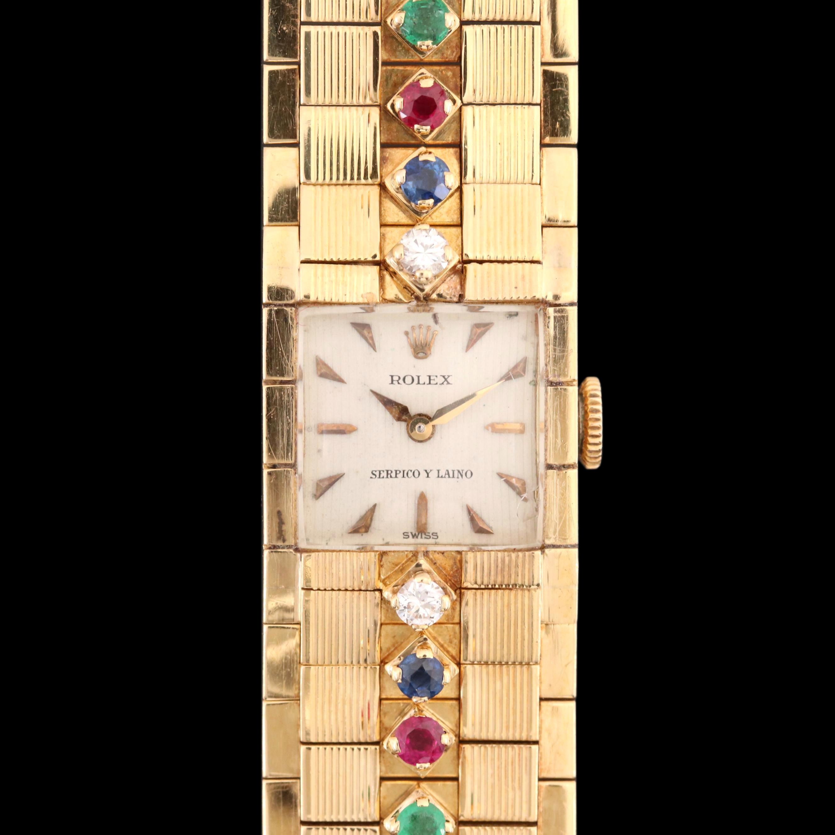 Vintage Rolex "Serpico" Y Laino Dial 18K Gold and Gemstone Stem Wind Watch