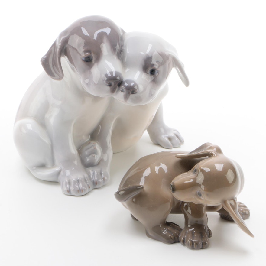 Royal Copenhagen "Pointer Puppies" and "Dachshund Puppy" Porcelain Figurines