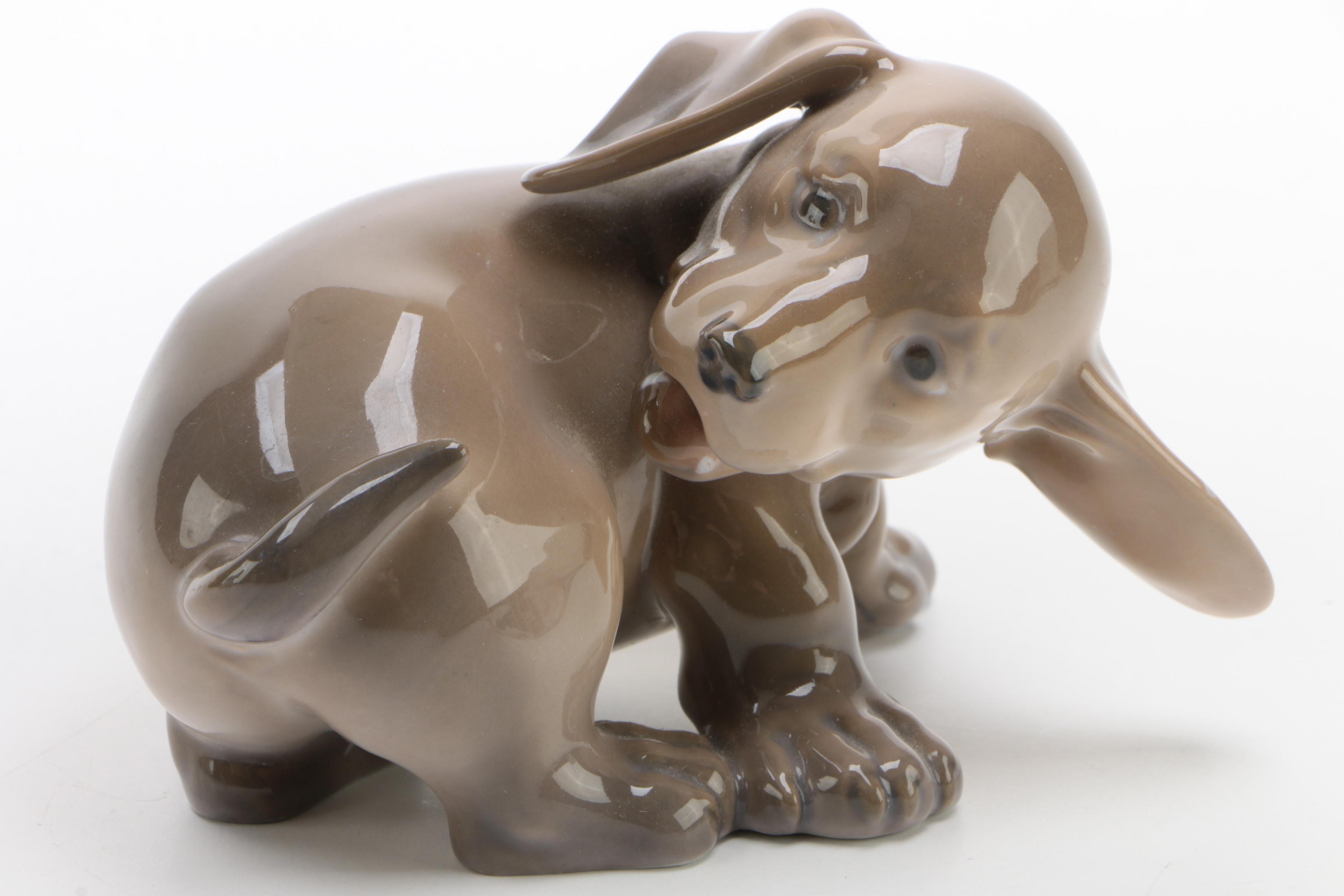 Royal Copenhagen "Pointer Puppies" and "Dachshund Puppy" Porcelain Figurines