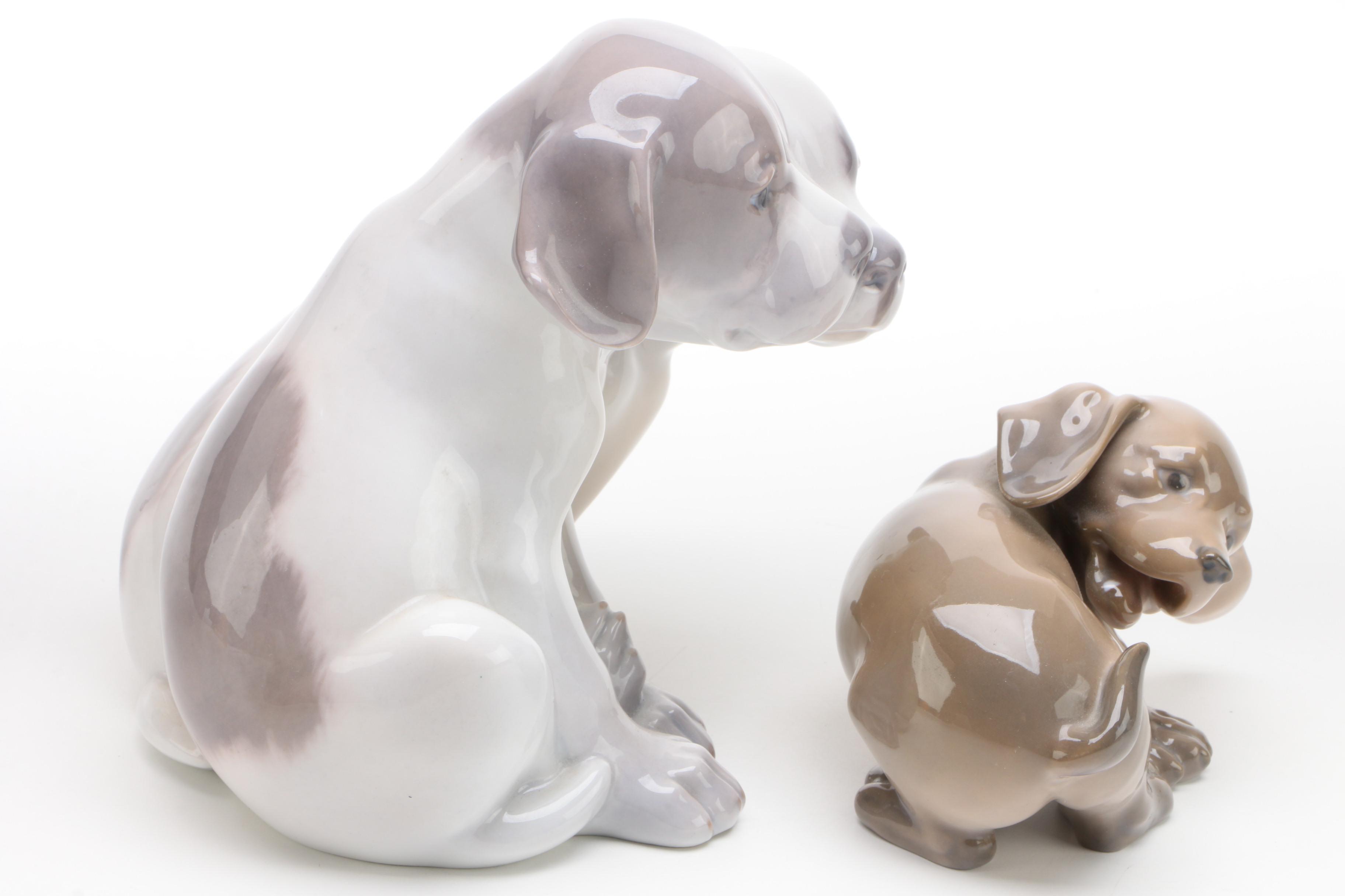 Royal Copenhagen "Pointer Puppies" and "Dachshund Puppy" Porcelain Figurines
