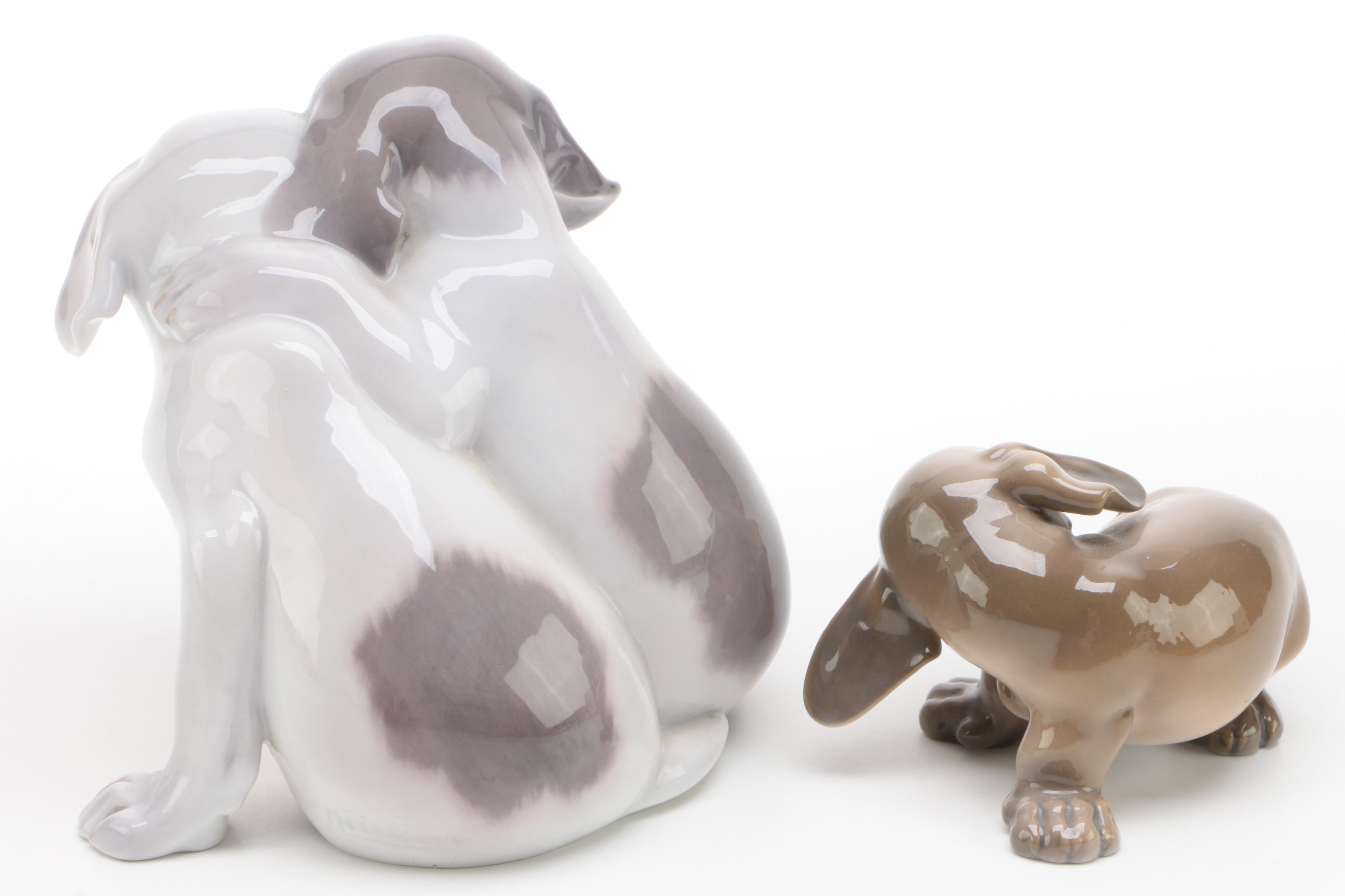 Royal Copenhagen "Pointer Puppies" and "Dachshund Puppy" Porcelain Figurines