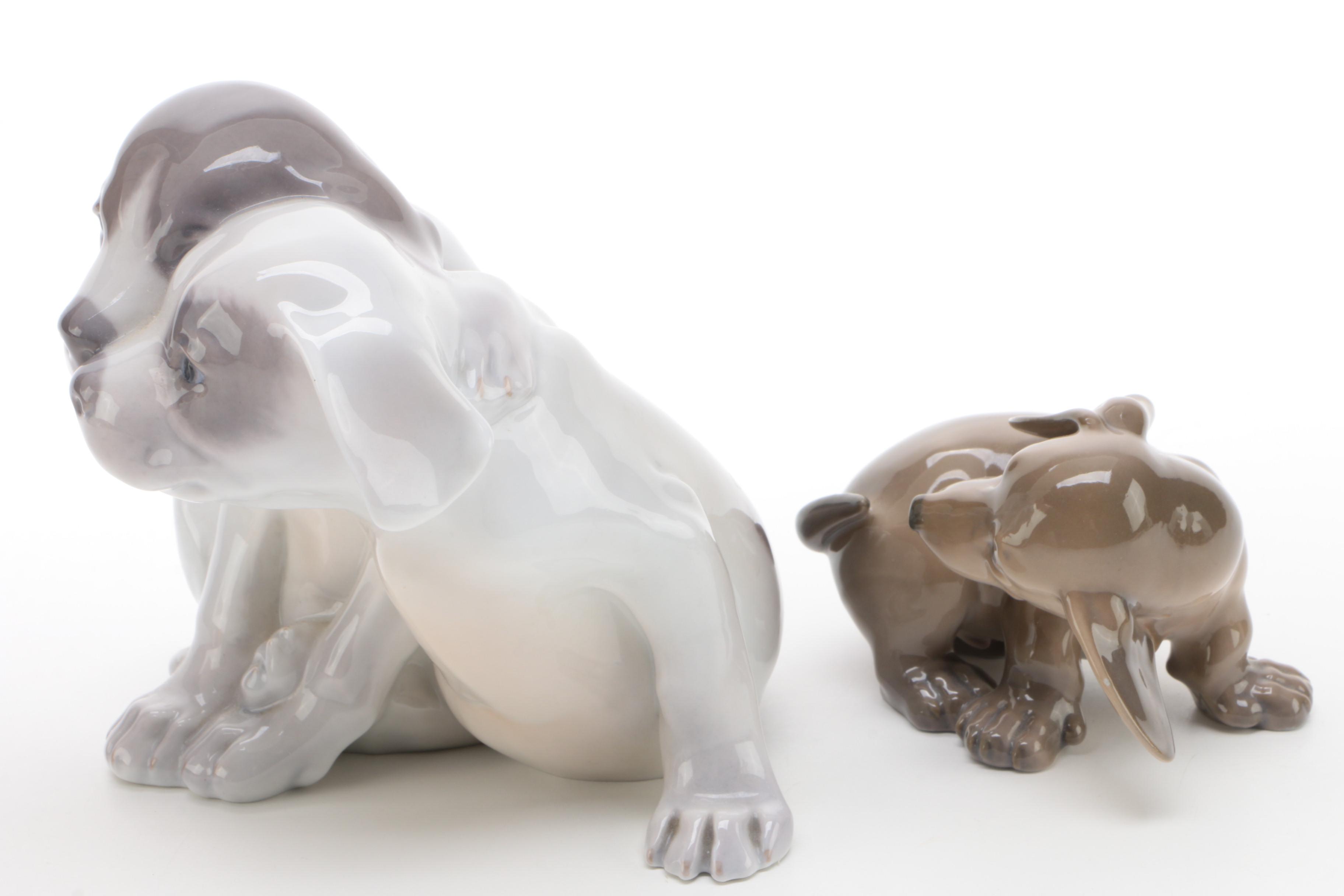 Royal Copenhagen "Pointer Puppies" and "Dachshund Puppy" Porcelain Figurines