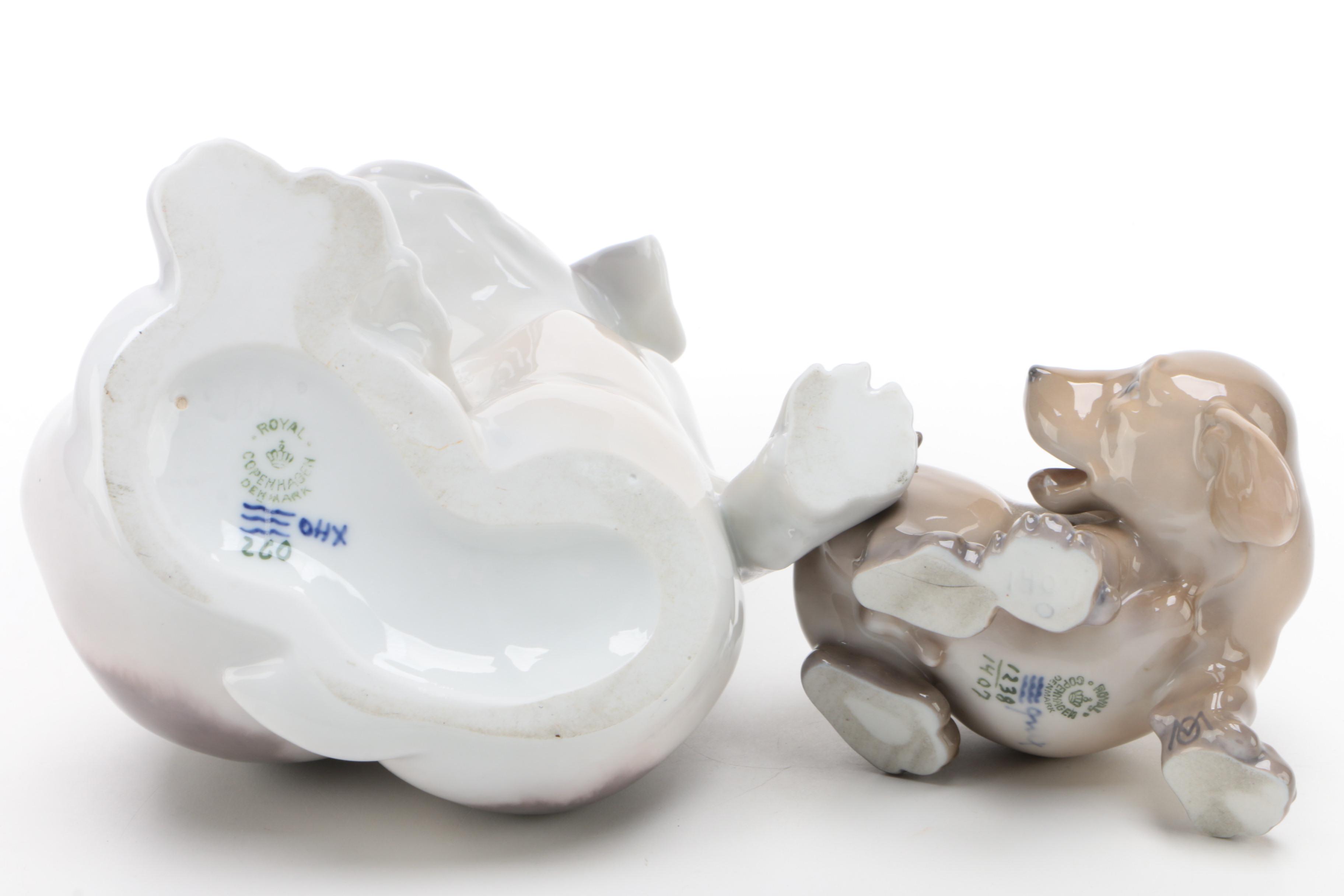 Royal Copenhagen "Pointer Puppies" and "Dachshund Puppy" Porcelain Figurines
