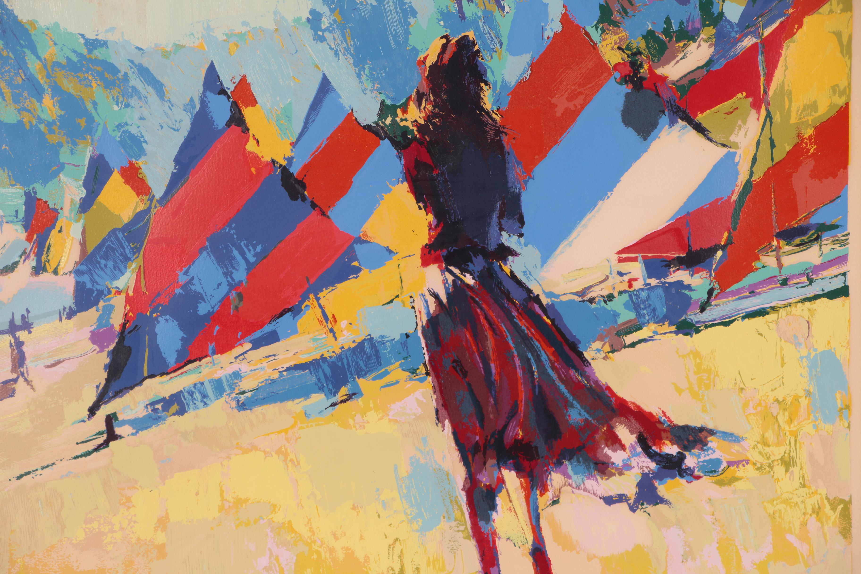 Nicola Simbari Serigraph of Beach Scene with Sailboats