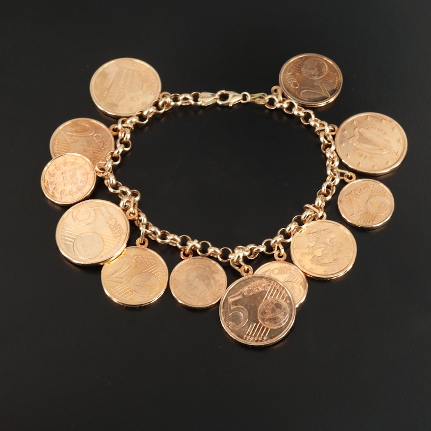 14K Yellow Gold Rolo Chain Bracelet Featuring Euro Coin Charms