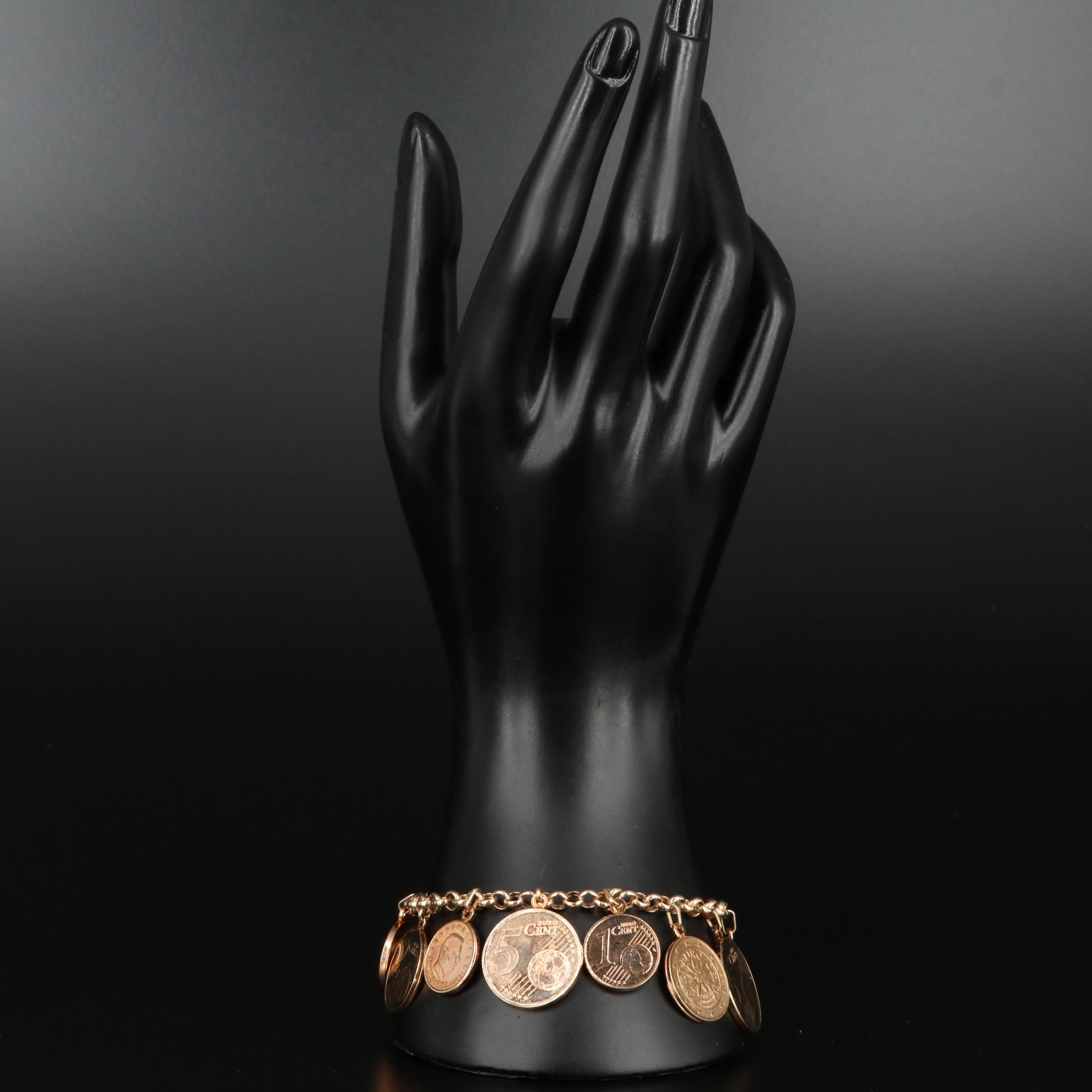 14K Yellow Gold Rolo Chain Bracelet Featuring Euro Coin Charms