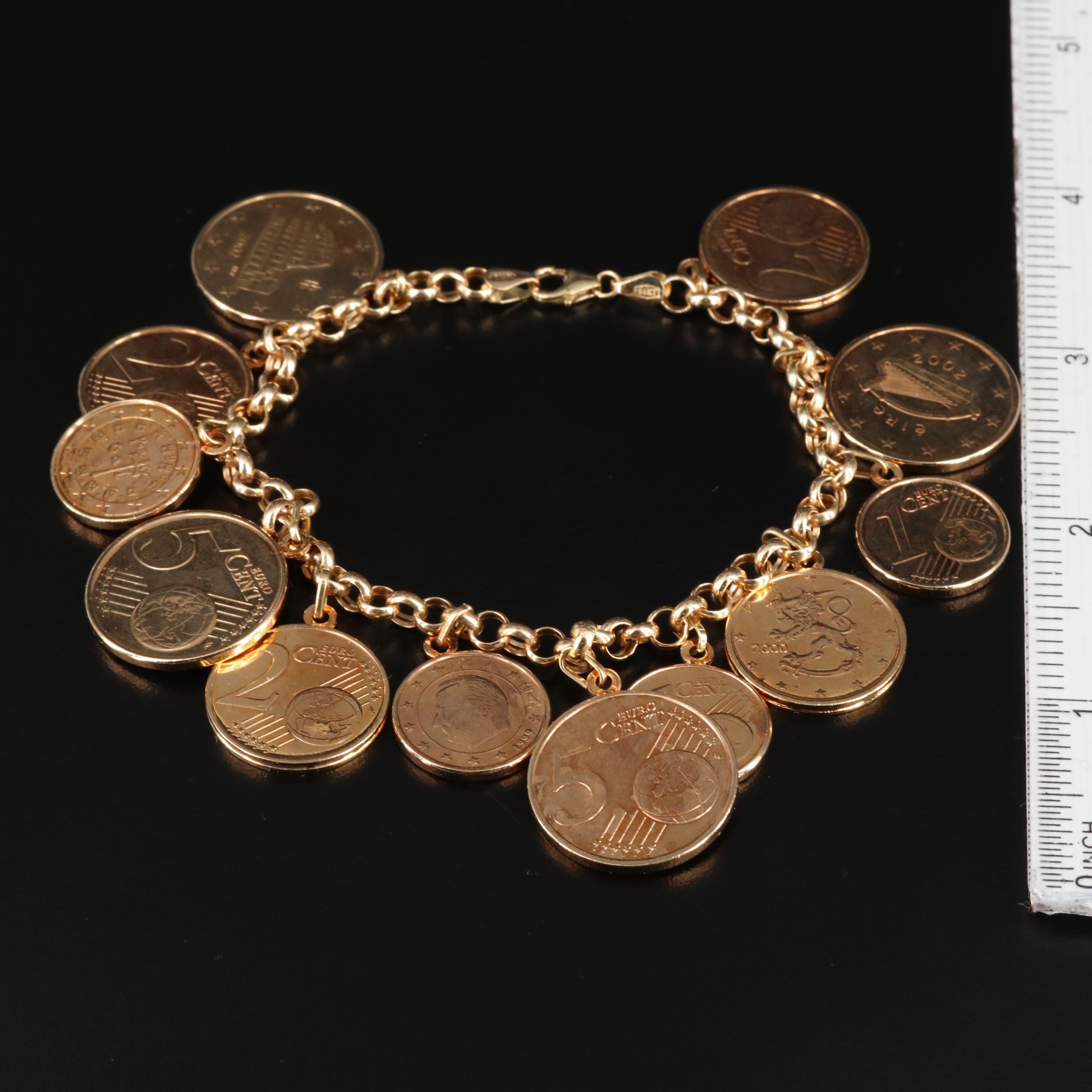 14K Yellow Gold Rolo Chain Bracelet Featuring Euro Coin Charms