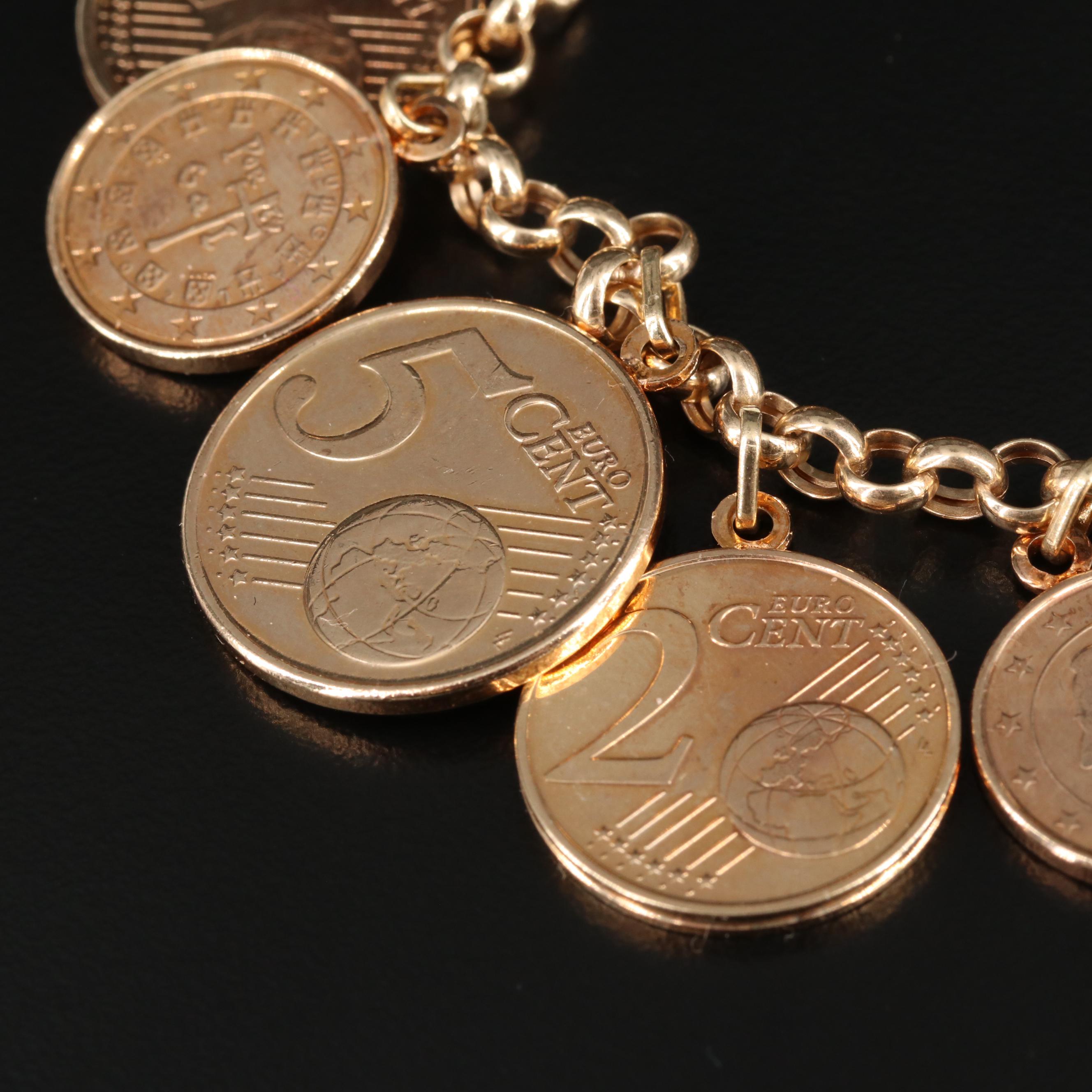 14K Yellow Gold Rolo Chain Bracelet Featuring Euro Coin Charms