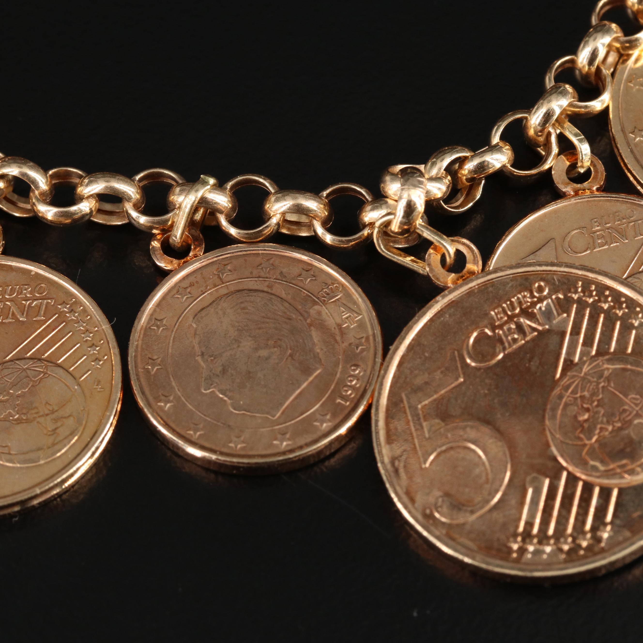 14K Yellow Gold Rolo Chain Bracelet Featuring Euro Coin Charms